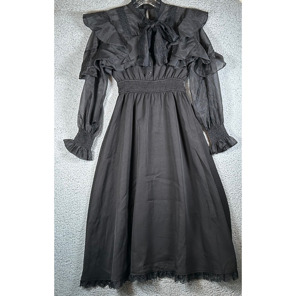 Victorian Dress Black 4 Whimsigoth Lace Midi Women NWT Romantic Witchy Grunge